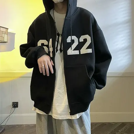 开衫连帽卫衣男美式港风春秋季宽松潮牌潮流ins百搭休闲情侣外套商品大图