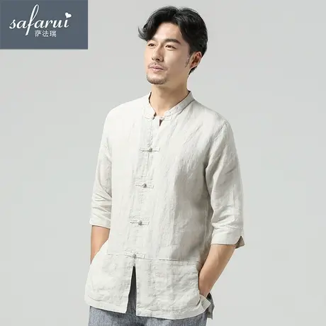 亚麻衬衫男七分袖男士夏季男装立领中式盘扣复古棉麻休闲衬衣外套商品大图