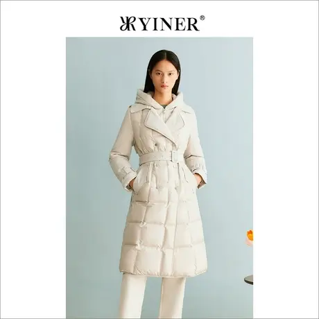 【聚暖白鹅绒】YINER音儿女装冬季长款连帽衍绣羽绒服商品大图