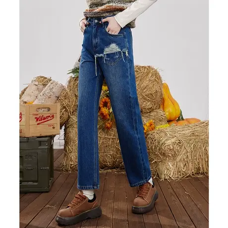 a022024春季新款复古破洞设计九分直筒裤休闲遮肉百搭女式牛仔裤图片