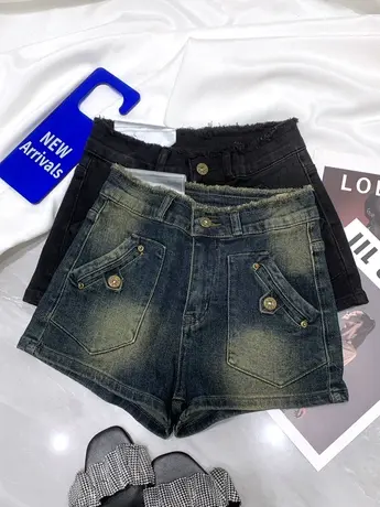 美式复古斜插口袋牛仔短裤女2024春夏新款显瘦百搭弹力辣妹高腰裤图片