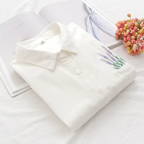 春秋季文艺小清新薰衣草刺绣双层棉纱白色长袖衬衫女宽松百搭上衣商品大图