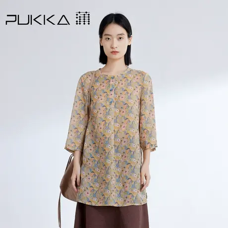 蒲PUKKA 2024夏季新品轻法式苎麻印花自然清新圆领衬衫图片