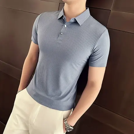 坑条显瘦T恤男短袖夏季薄款冰丝高弹力商务通勤无痕半袖POLO衫潮图片