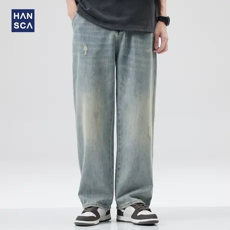 hansca蓝色水洗破洞牛仔裤男夏季新款直筒宽松痞帅大码休闲长裤子商品大图