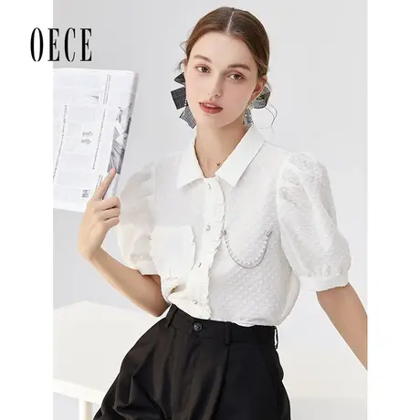 Oece春夏装新款女装法式甜心吸睛个性翻领泡泡袖上衣图片