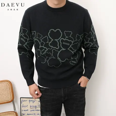 DAEVU冬新款卡通熊大号潮胖子加肥加大码男士长袖圆领毛衣针织衫商品大图