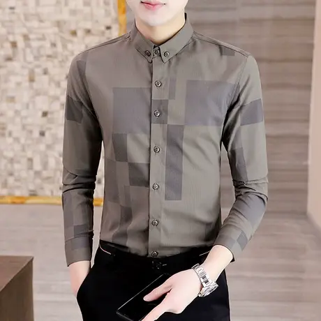 春季长袖衬衫男士潮流韩版商务休闲春装格纹提花帅气时尚免烫衬衣商品大图