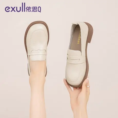 exull/依思Q乐福鞋女2023秋冬新款加绒保暖厚底皮鞋款浅口单鞋女商品大图