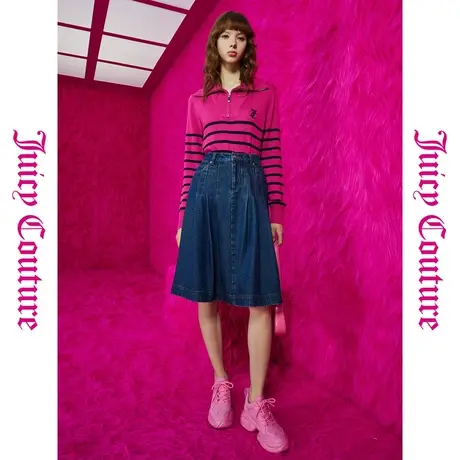 Juicy Couture橘滋初秋冬新款车厘子酱刺绣翻领条纹女毛衣图片