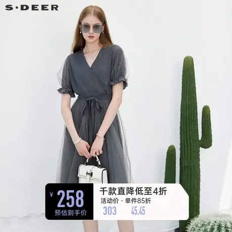 sdeer圣迪奥女装V领收腰网纱泡泡袖连衣裙S232Z12KM图片