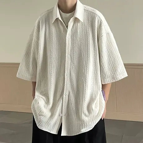 夏季少年感短袖衬衫男冰丝薄款七分袖翻领外套男装设计感提花衬衣商品大图