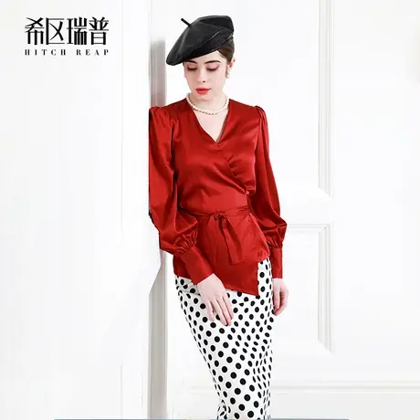 希区瑞普重磅真丝衬衫女气质灯笼袖V领桑蚕丝衬衣系带收腰2023春图片