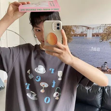 omont蛋挞家 复古圆领宽松印花T恤女夏日新款原创设计短袖女T商品大图