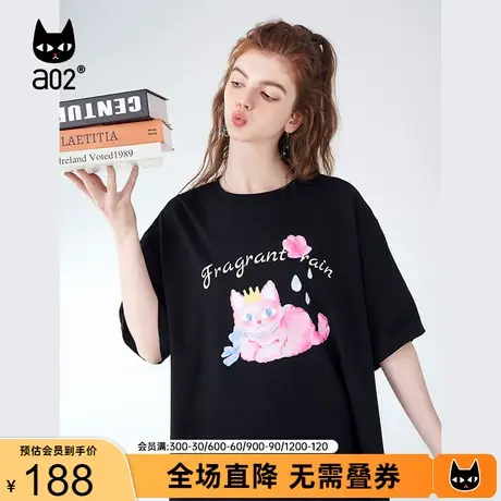 【趣玩】a02通勤T恤女2023夏季新品减龄猫咪印花宽松显瘦短袖上衣商品大图