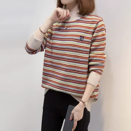 半高领毛衣女条纹加厚打底衫2023秋冬新款宽松外穿针织衫内搭上衣图片