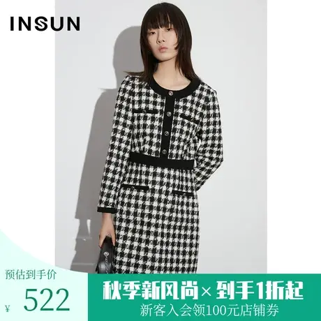 [触感香风]恩裳COVER2023早春千鸟格粗花呢a字连衣裙黑白优雅裙子图片