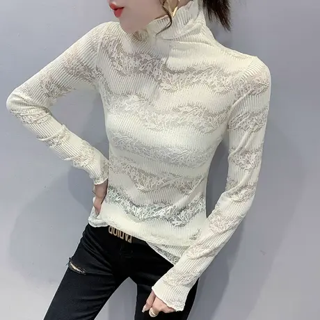 高领打底衫女春秋2023新款气质性感镂空蕾丝衫长袖内搭修身上衣潮商品大图