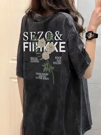 夏季纯棉水洗做旧短袖T恤女新款美式复古嘻哈oversize百搭上衣潮商品大图