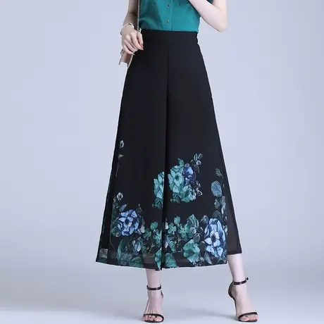 印花开叉阔腿裤女春夏2023新款高腰宽松裙裤大码垂感九分休闲裤子商品大图