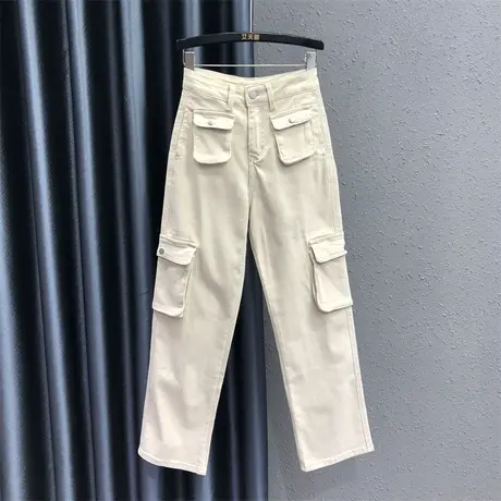 米白色秋季新款牛仔工装裤女2023秋季新款高腰显瘦多口袋直筒长裤商品大图