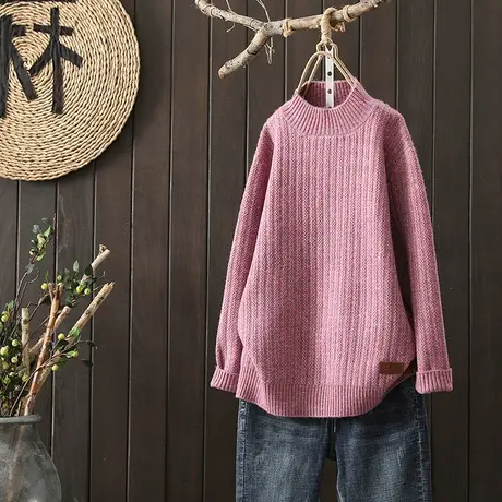 枫谜20年秋冬新款文艺简约半高领毛衣女宽松休闲百搭针织套头毛衣图片