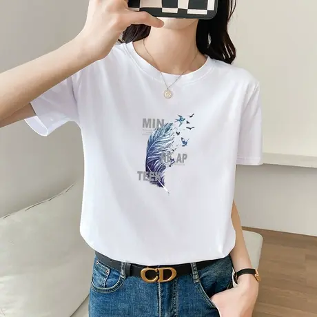 白色短袖t恤女ins上衣潮2022夏季休闲纯棉宽松t桖打底衫纯色半袖商品大图