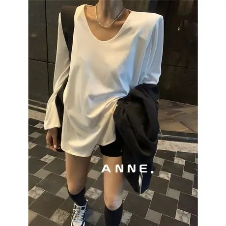 韩国东大门2023秋季新款U领纯色宽松百搭显瘦打底衫开衩长袖T恤女图片