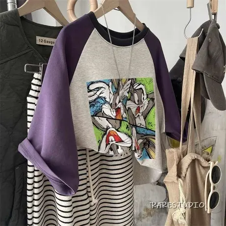 新款兔八哥漫画四图卡通休闲减龄插肩袖撞色拼接宽松短袖棉T恤女商品大图