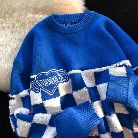 克莱因蓝棋盘格子毛衣女秋冬加厚设计感小众别致宽松慵懒风针织衫图片