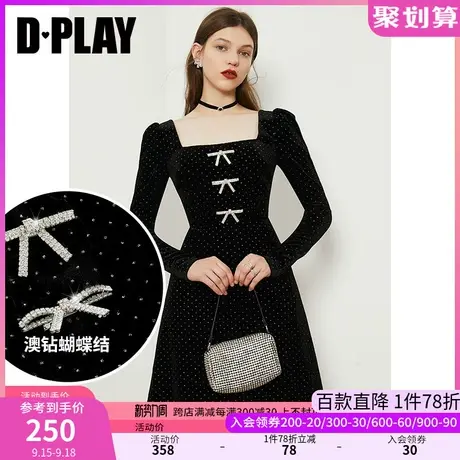 DPLAY德帕拉早秋装新款黑复古烫银丝绒小黑裙气质蝴蝶结连衣裙图片