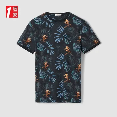海一家时尚潮流短T新款个性满身植物元素圆领短袖T恤男商品大图