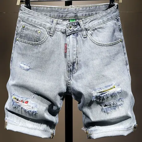 夏天潮牌破洞牛仔短裤男乞丐裤男宽松五分裤马裤男生中裤日系男裤商品大图