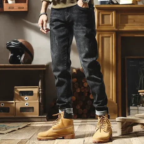 男士牛仔裤2022冬宽松直筒男裤黑灰色复古休闲百搭长裤直筒牛仔裤商品大图