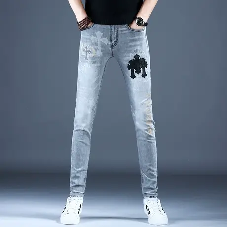2023夏季男士牛仔裤子时尚修身灰色烫钻小脚裤男潮牌棉弹薄款百搭商品大图