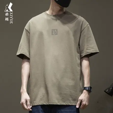 夏季小圆领落肩袖T恤男咖啡色纯棉短袖男士280g重磅大码半袖体恤图片