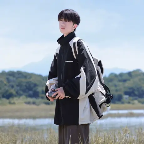 美式撞色立领冲锋衣外套男2023秋季户外休闲机能防晒运动上衣外套商品大图