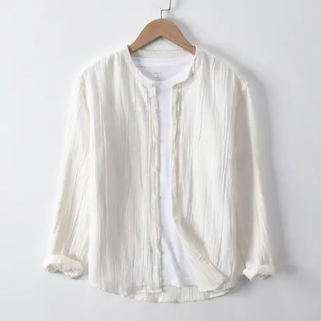 白色衬衫男长袖春秋季宽松棉麻立领褶皱衬衣男士休闲百搭外套潮流商品大图
