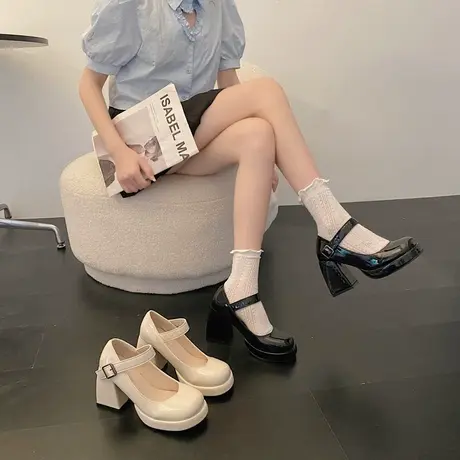 永希日系圆头浅口高跟鞋女款夏季2022年新款英伦风一字带马丽珍鞋商品大图