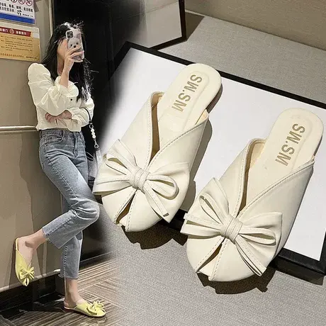 蝴蝶结新款夏季法式包头半拖鞋女网红无后跟懒人平底外穿半托单鞋图片