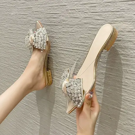 尖头凉拖鞋女外穿2023年夏季新款法式少女蝴蝶结水钻包头粗跟凉鞋商品大图