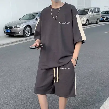 套装男夏季拼接休闲痞帅百搭一套搭配短袖港风薄款运动短裤两件套商品大图