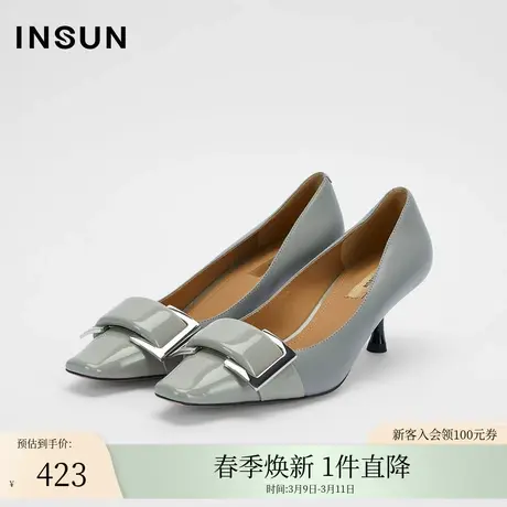 INSUN恩裳秋季尖头方扣亮皮细高跟真皮高跟鞋图片