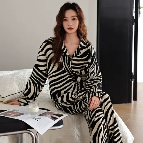 婷美自带胸垫睡衣女春秋季纯棉新款长袖开衫翻领高颜值家居服套装图片