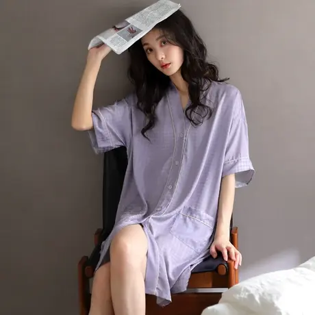 婷美冰丝条纹睡裙女士夏款长袖开衫中长款连体睡衣简约休闲家居服图片