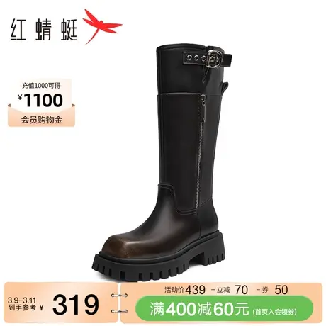 红蜻蜓拉链长筒靴2023冬季新款女鞋方头厚底雨靴小众设计感骑士靴图片