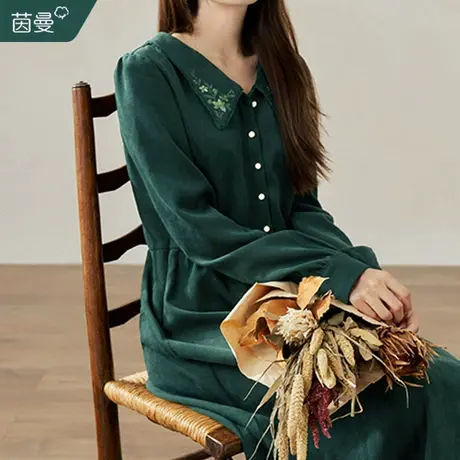 茵曼法式复古娃娃领连衣裙女2023秋冬新款刺绣翻领显瘦长袖中长裙图片