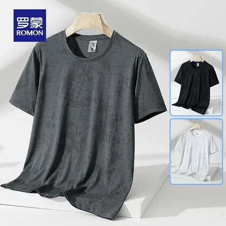 罗蒙男士冰丝短袖T恤夏季薄款迷彩圆领网眼爸爸装衣服运动速干体图片