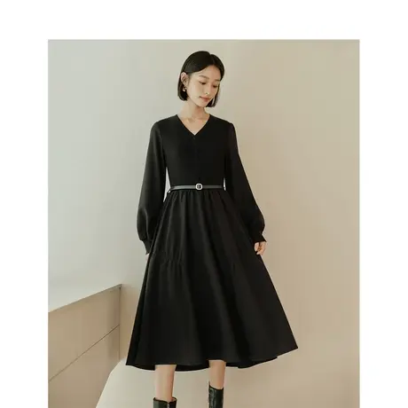 茵曼赫本风连衣裙2023冬季女装新款长袖V领腰带显瘦设计感裙子图片