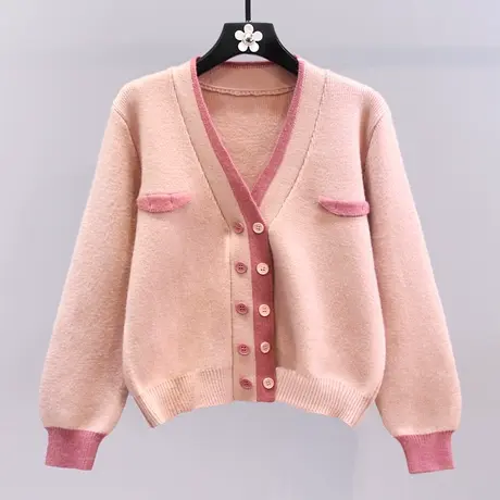 小香风拼色双排扣毛衣外套女秋冬2023新款宽松休闲长袖针织开衫商品大图